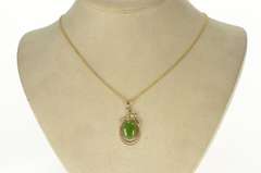 14K Yellow Gold Oval Green Nephrite Jade Swirl Floral Motif Pendant