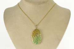 14K Yellow Gold Ornate Oval Carved Jadeite Flower Floral Motif Pendant