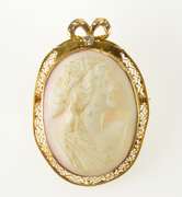 10K Yellow Gold Retro Carved Cameo Diamond Accent Filigree Pendant/Pin