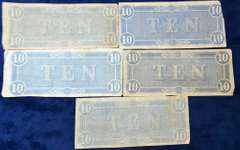 Lot of 5 Confederate Circulated  1864 Ten Dollar  Notes