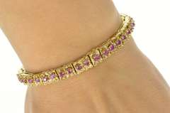 14K Yellow Gold Retro Floral Link Ruby Encrusted Statement Bracelet