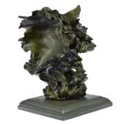 Wolf Head Bust Wild Life Figurine Marble Base Bronze Statue