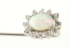 10K White Gold Oval Natural Opal Diamond Halo Stick Pin