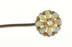 14K Yellow Gold Victorian Seed Pearl Blue Enamel Flower Stick Pin
