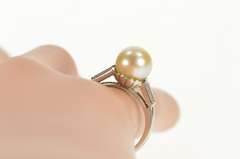 Platinum Retro Pearl Baguette Diamond Engagement Ring