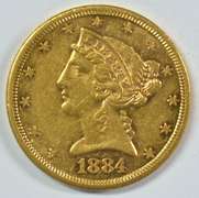 Prooflike 1884-S US $5 Liberty Gold Piece. Flashy