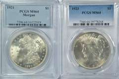PCGS MS64 graded 1921 Morgan & 1923 Peace Silver Dollar