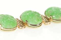 10K Yellow Gold Ornate Carved Oval Floral Jade Statement Bracelet