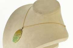 14K Yellow Gold Ornate Oval Carved Jadeite Flower Floral Motif Pendant