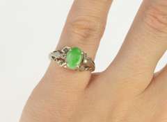 14K White Gold Oval Jade Diamond Accent Ornate Scroll Design Ring