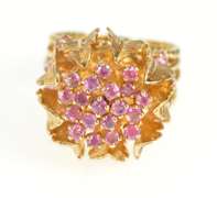 14K Yellow Gold Ruby Encrusted Ornate Leaf Cocktail Huge Ring