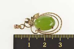 14K Yellow Gold Oval Green Nephrite Jade Swirl Floral Motif Pendant