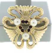 Pretty Yellow Gold Pearl and Garnet Brooch