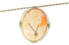 14K White Gold Art Deco Carved Lady Diamond Cameo Filigree Necklace