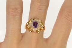 14K Yellow Gold 1.42 Ctw Emerald Cut Amethyst Diamond Cluster Ring