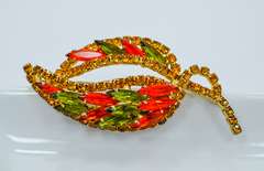 Vintage Leaf Shaped Brooch with Orange and Green Rhinestones