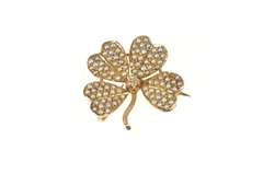 10K Yellow Gold Seed Pearl Encrusted Diamond Shamrock Pin/Brooch