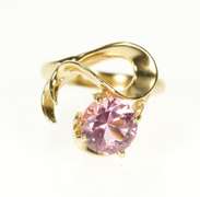 14K Yellow Gold Round Pink Topaz Solitaire Wavy Statement Ring
