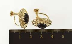 14K Yellow Gold Retro Black Onyx Cabochon Filigree Screw Back Earrings