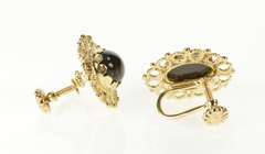 14K Yellow Gold Retro Black Onyx Cabochon Filigree Screw Back Earrings