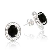 Sterling Silver and Onyx Greek Key Oval Stud Earrings