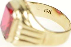 10K Yellow Gold Emerald Cut Syn. Ruby Inset Grooved Ring