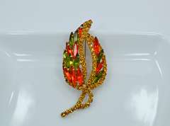 Vintage Leaf Shaped Brooch with Orange and Green Rhinestones