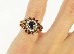 14K Yellow Gold Retro Sapphire Garnet Seed Pearl Halo Cocktail Ring