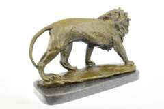 Large Ferocious Male African Lion Bronze Sculpture Marble Base