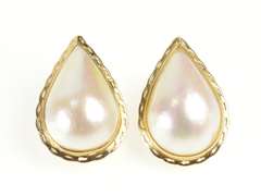 14K Yellow Gold Pear Baroque Pearl Scalloped Trim French Clip Earrings