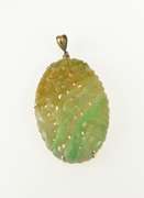 14K Yellow Gold Ornate Oval Carved Jadeite Flower Floral Motif Pendant