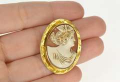 10K Yellow Gold Victorian Ornate Carved Lady Cameo Etched Pin/Brooch