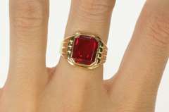 10K Yellow Gold Emerald Cut Syn. Ruby Inset Grooved Ring