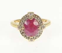 14K Yellow Gold Oval Natural Ruby Diamond Halo Engagement Ring