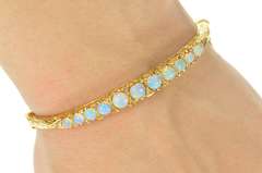 14K Yellow Gold Victorian Opal Diamond Scrollwork Bangle Bracelet