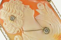 14K Yellow Gold Victorian Diamond Inset Carved Lady Cameo Pendant/Pin