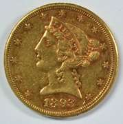 Needle-sharp AU 1893 US $5 Liberty Gold Piece
