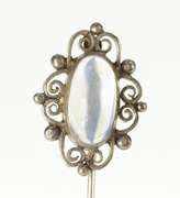 Sterling Silver Oval Moonstone Scroll Swirl Filigree Stick Pin