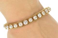 14K Yellow Gold Retro 1960's Pearl Mesh Chain Statement Bracelet