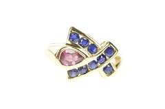 10K Yellow Gold Pear Syn. Ruby & Sapphire Criss Cross Statement Ring