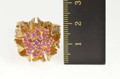 14K Yellow Gold Ruby Encrusted Ornate Leaf Cocktail Huge Ring