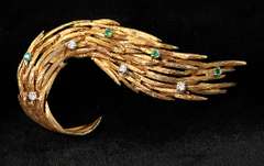 18KT Foxtail Brooch with Diamonds and Emeralds
