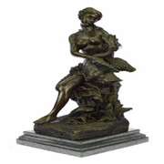 Woman and Swan Bronze Statue on Marble Base Sculpture