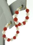 Lovely Yellow Gold Coral & Pearl Hoop Earrings
