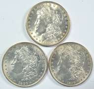 3 Diff. flashy-white BU Morgan Silver Dollars