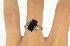 10K White Gold Faceted Black Onyx CZ Accent Retro Bypass Ring