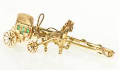 18K Yellow Gold Victorian Emerald Horse Drawn Carriage Bar Pin/Brooch