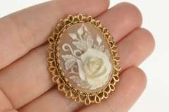 14K Yellow Gold Rose Floral Carved Shell Ornate Cameo Pendant/Pin