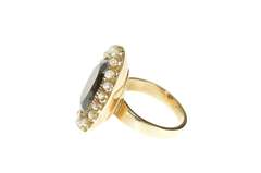 18K Yellow Gold Victorian Oval Smoky Quartz Pearl Halo Cocktail Ring