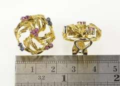 18K Yellow Gold 2/3 Ctw Ruby Sapphire Diamond Retro Wreath Earrings